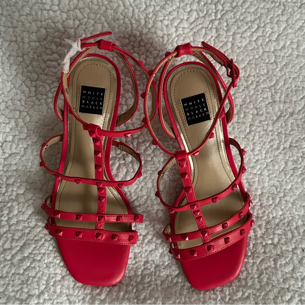 NEW White House Black Market Pink Strappy Studded Mid-Heel Sandal